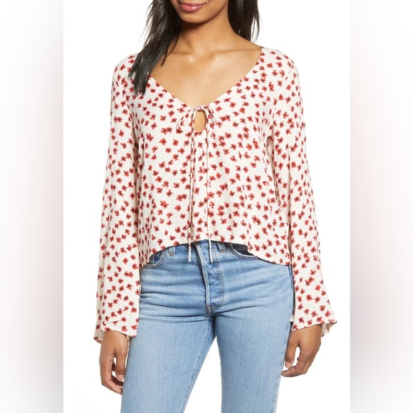 Billabong Lightweight Top Oversized Cream Red Flowers Print Long Sleeve Size S - Picture 1 of 11